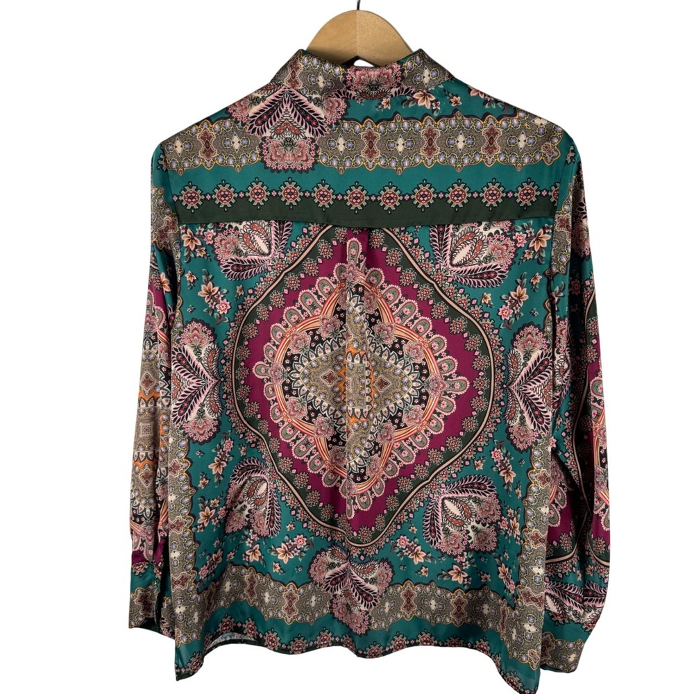 Zara Paisley Medallion Scarf Print Blouse Womens XL Satin Button Down Green - Picture 6 of 6
